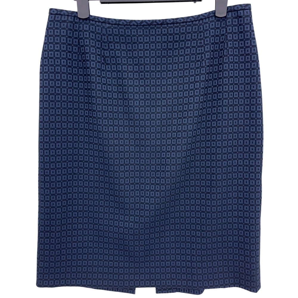 Tahari Levine Black Blue Geometric Pencil Skirt 8P Back Vent Lined Jacquard